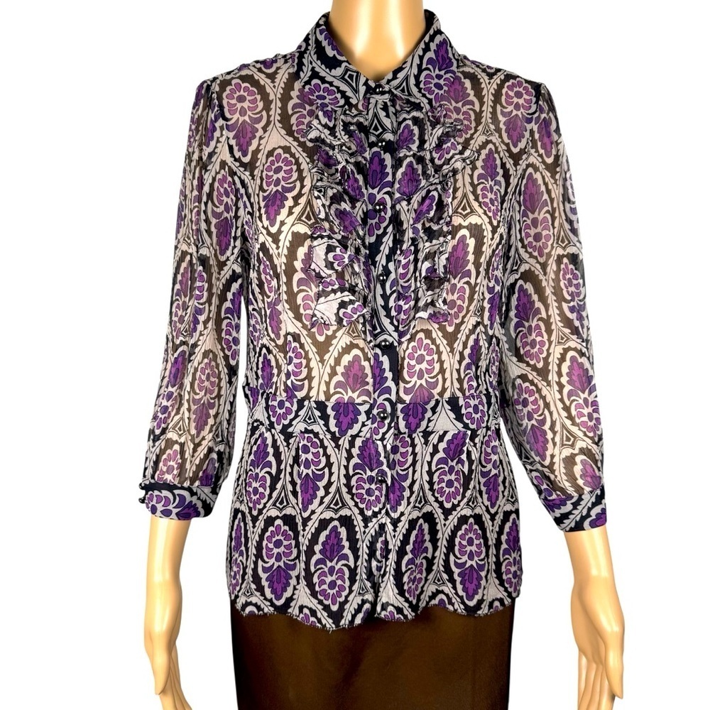 Charter Club 100% Silk 3/4 Sleeve Floral Print Blouse Size 12
